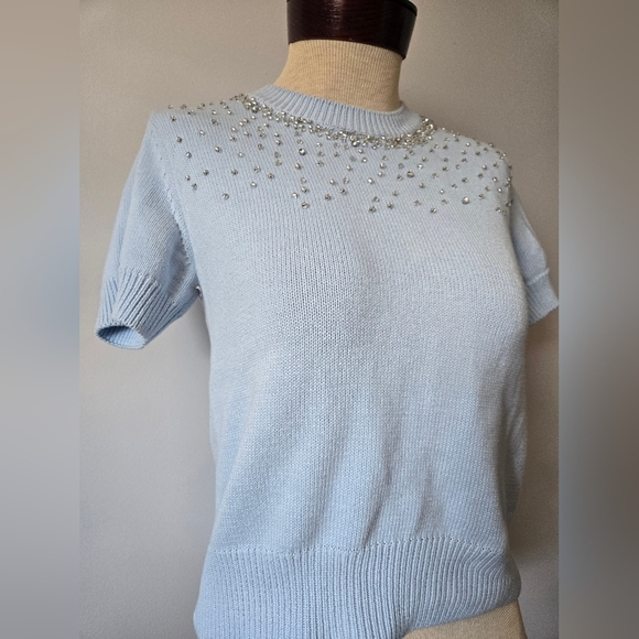 ZARA Light Blue Beaded Short Sleeve Sweater. Size Small - Picture 2 of 9